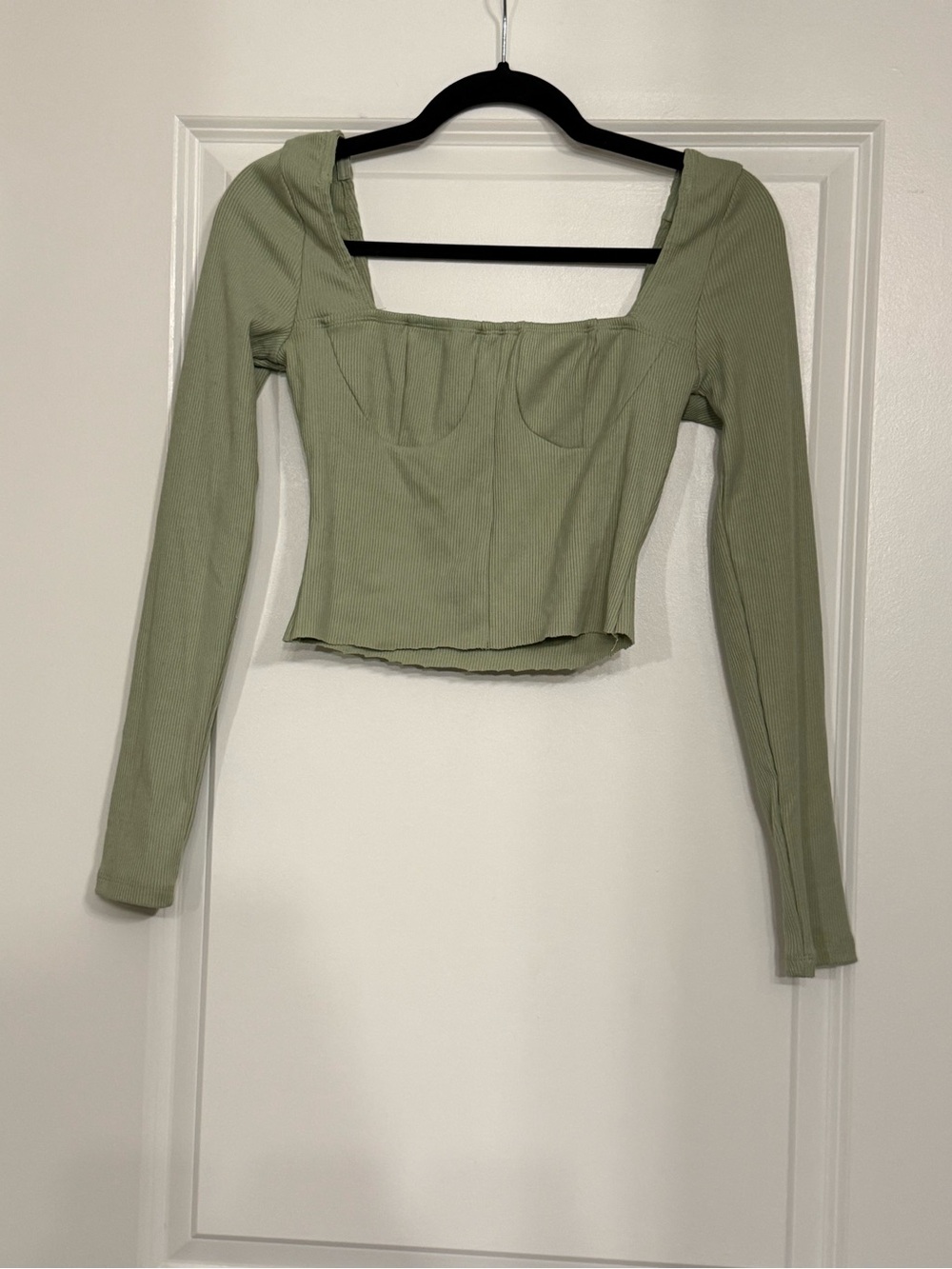 Princess Polly Sage Green Ribbed Long Sleeve Corset Crop Top Size 6 - Picture 2 of 5